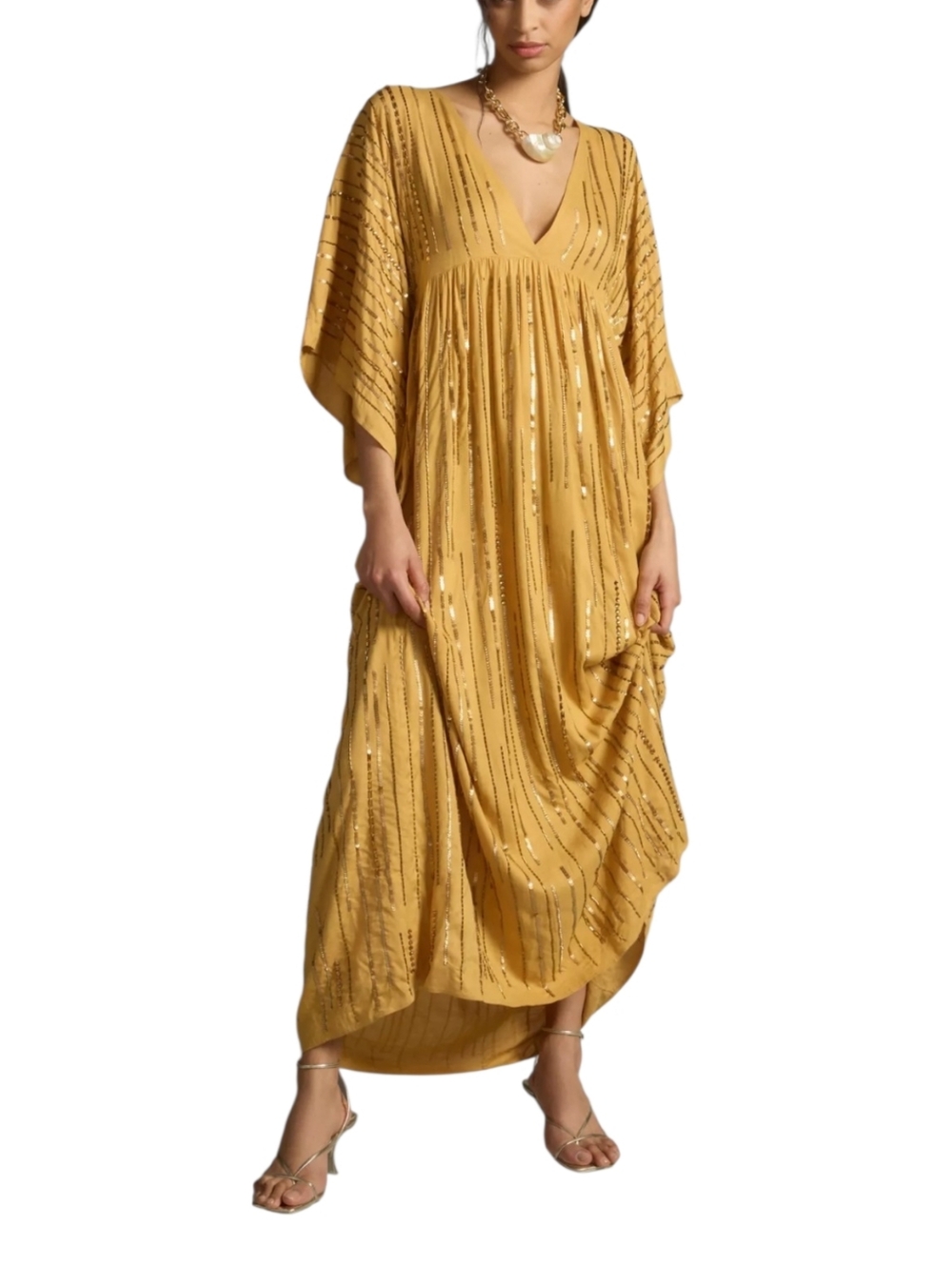 Anthropologie Gold Metallic-Striped Maxi Dress